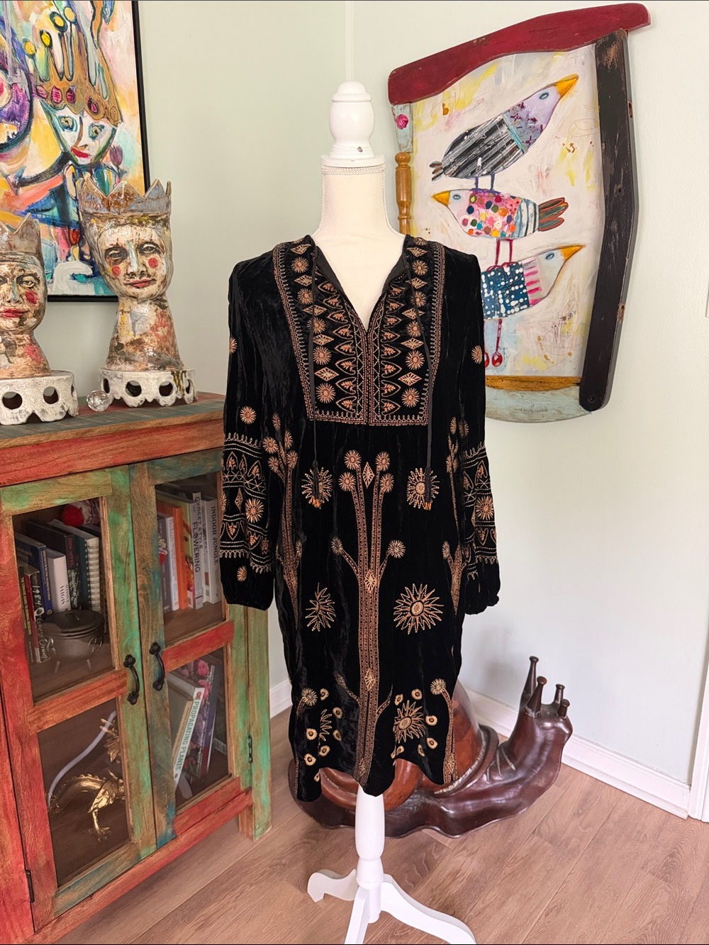 Johnny Was celestial Black Velvet Mini Dress with Gold Embroidery